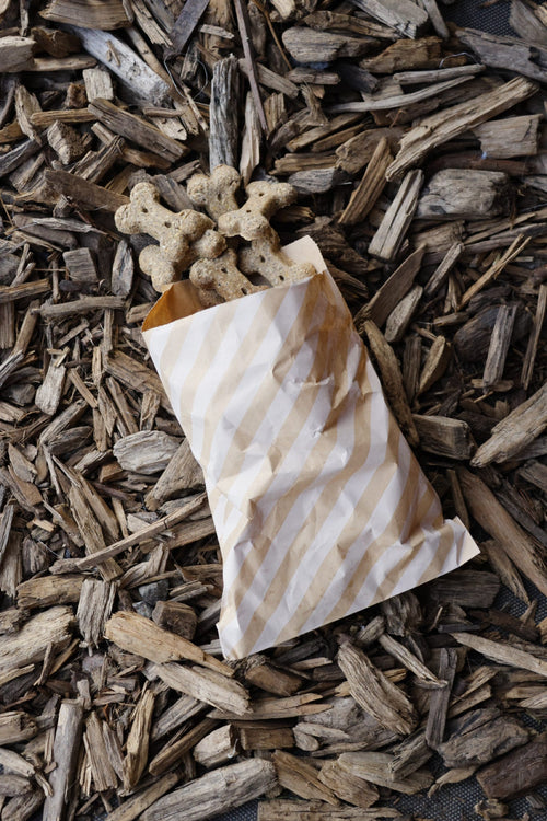 Banana, apple and blueberry bone-shaped dog treats in a striped paper bag on wood chips.
