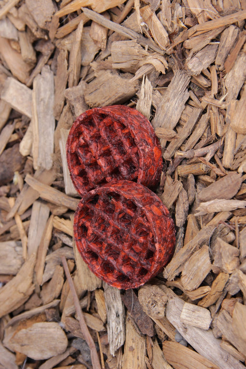 Two red camel collagen waffles with a textured waffle pattern, lying on a bed of natural wood chips.