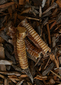 Collagen-filled beef trachea dog treats, showing several ribbed brown pieces with a collagen filling, arranged on natural wood chips.