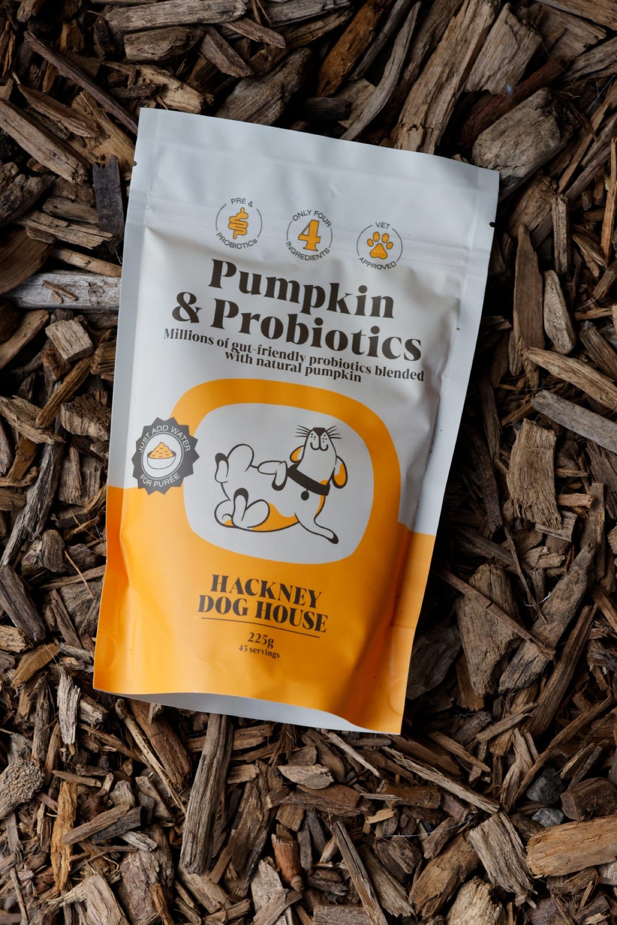 Hackney Dog House Pumpkin & Probiotics dog treat pouch, showing white and orange packaging with a cartoon dog illustration, placed on wood chips.