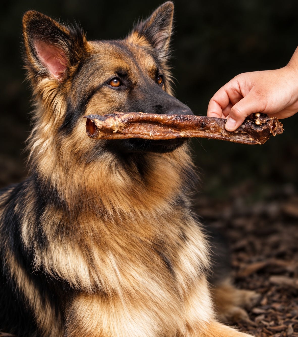 A German Shepherd dog holds a large lamb tube chew in its mouth while a human hand offers the other end of the treat outdoors on a leaf-covered ground.