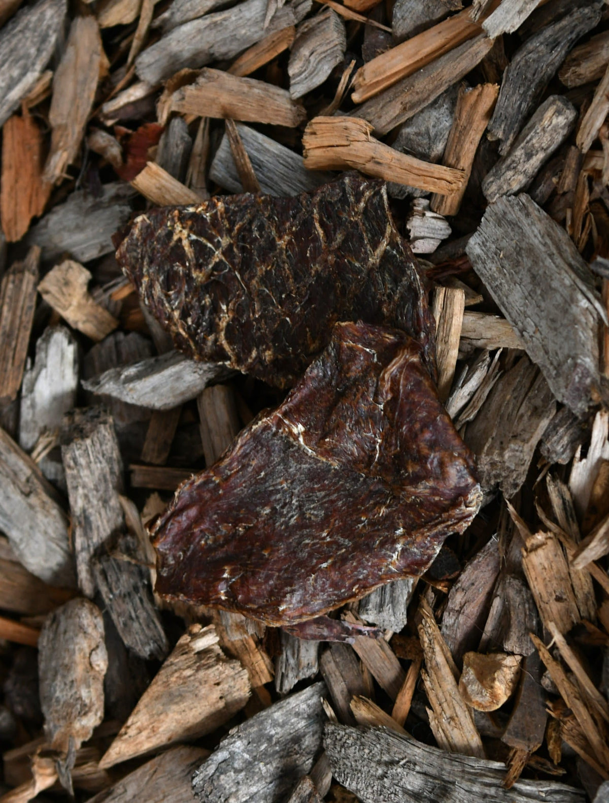 Two ostrich steaks resting on wood chips and bark.