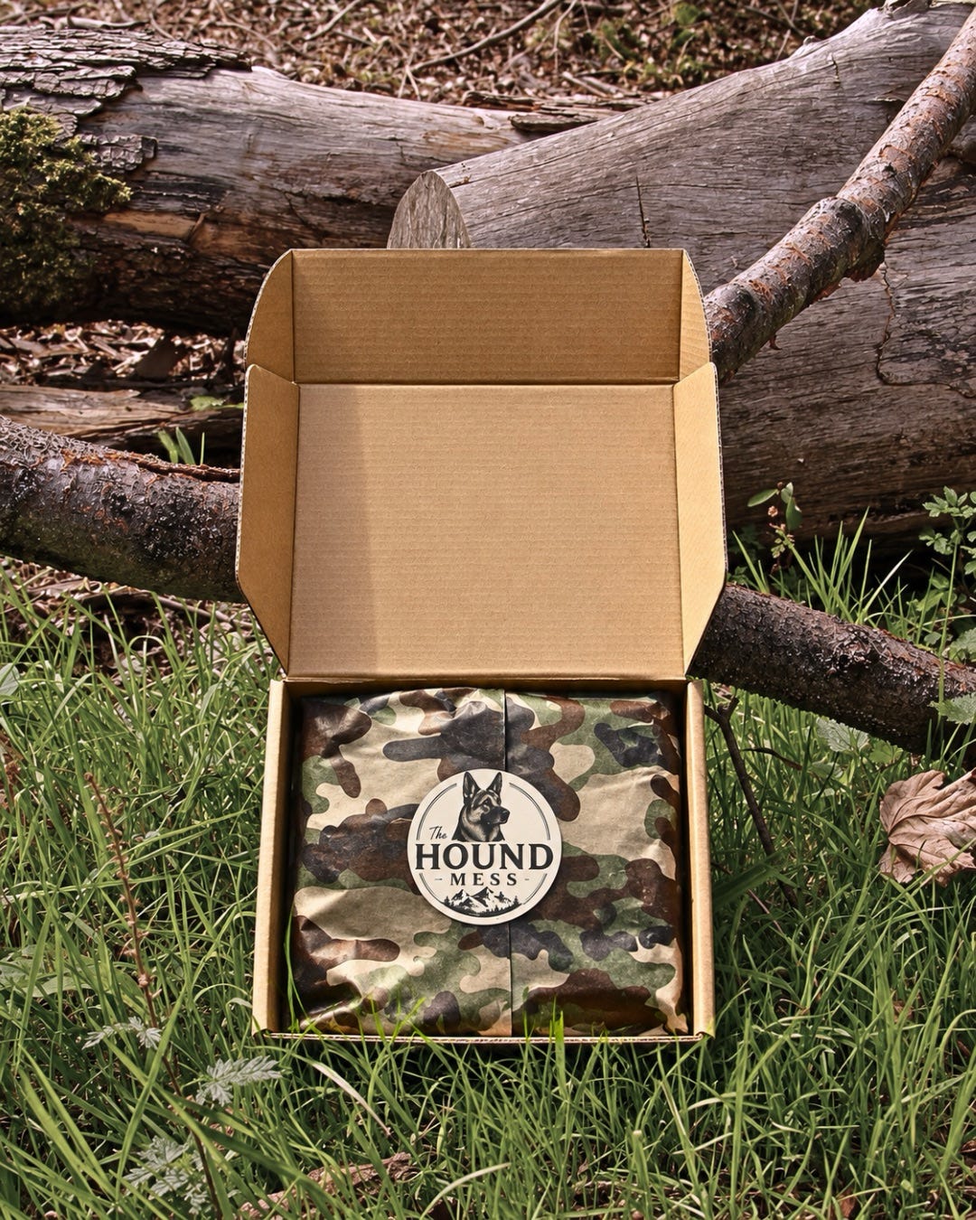 An open cardboard gift box placed outdoors on grass beside fallen logs, containing a packaged item wrapped in camouflage fabric with a visible circular 'HOUND MESS' logo.
