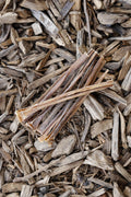 Pork spaghetti dog chew treats on natural wood chips