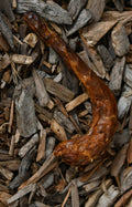 XL turkey neck chew lying on a bed of wood chips.
