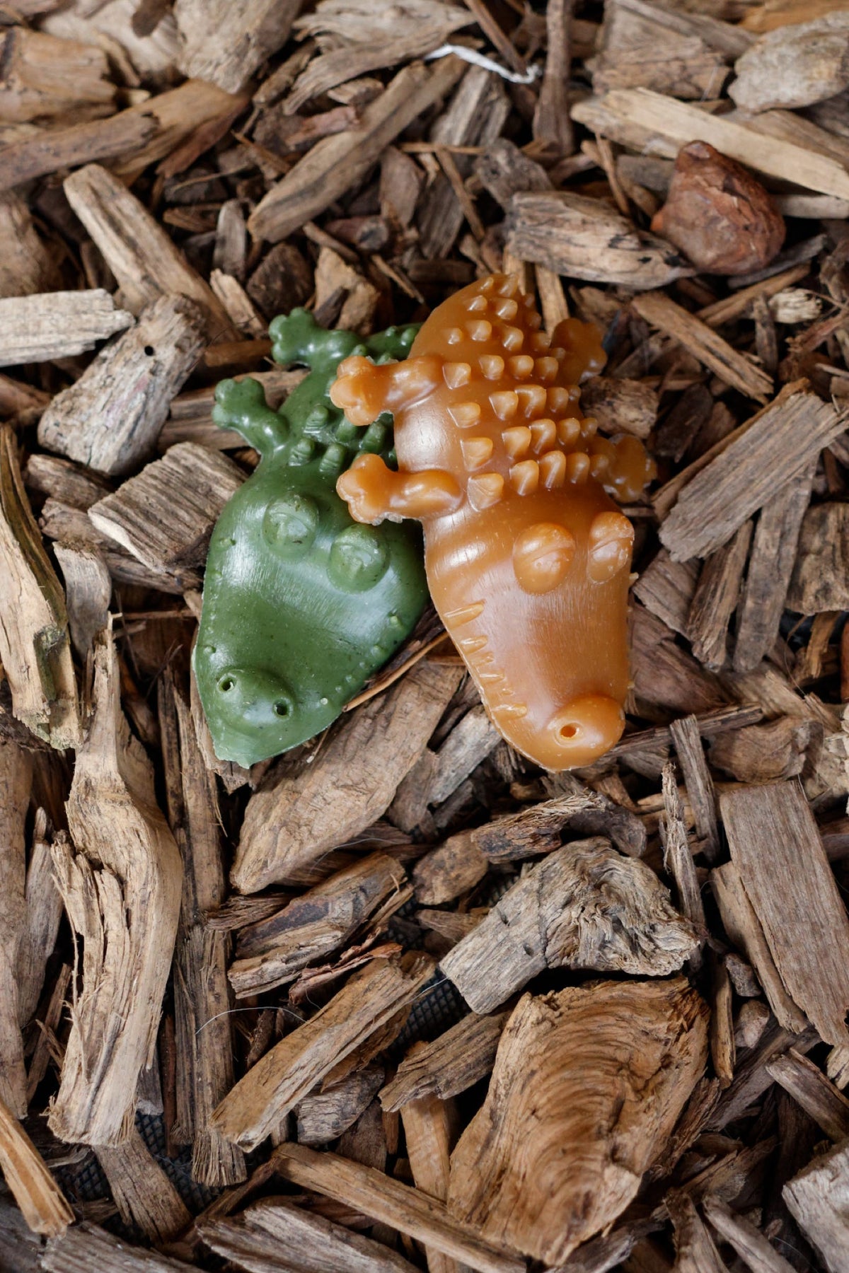 Two vegetable-based croc-shaped dog treats, one green and one orange, displayed on a bed of wood chips.