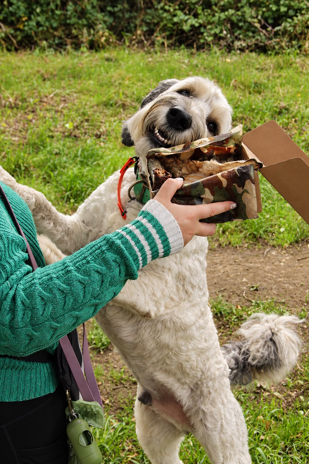 A white fluffy dog stands on its hind legs outdoors, biting a cardboard box filled with chews