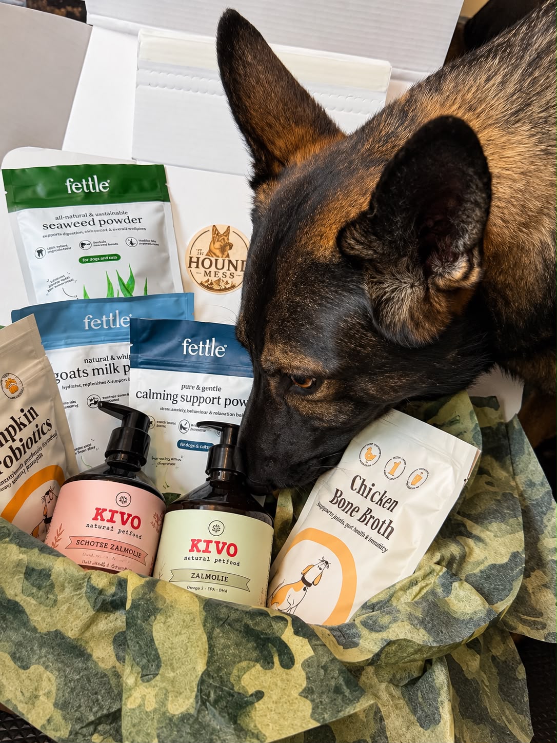 A German Shepherd dog is sniffing a curated bundle of pet products, including Fettle seaweed powder, Kivo natural salmon and chicken broth, and Hound Care joint support, arranged in a box with a camouflage tissue paper.