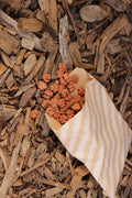 A small paper bag with beige and white stripes lies on a bed of wood chips, spilling salmon and dill paw shaped treats onto the wood chip.